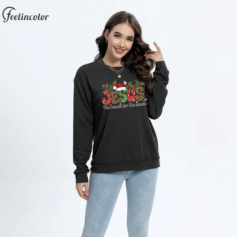 Jesus Letter Christmas Sweatshirt for Woman Black Crewneck Pullover Cute Print Holiday Top Casual Streetwear Xmas Gift Clothes tank tops jesus is the anchor of my soul leopard sunflower anchor tank top in black size l