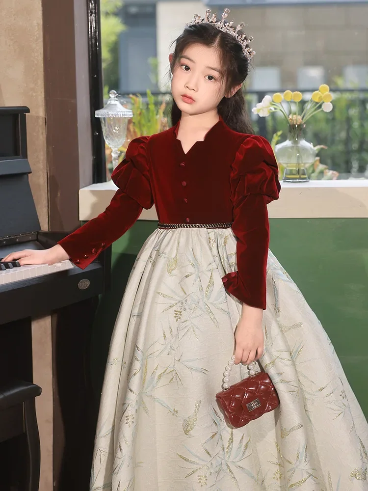 New year Kids Dresses For Party Wedding Vintage dress red Velvet