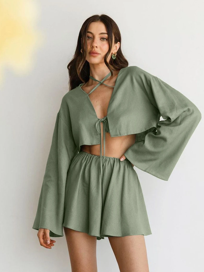 Marthaqiqi Causal Women Sleepwear Set V-Neck Pajama Long Sleeve Nightwear Crop Top Lace Up Nightgowns Shorts Ladies Pyjamas Suit