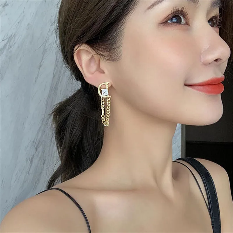 South Korea Design Jewelry Chain Tassel Letter D Square Zircon dangle earrings drop earrings crystal tassel earrings Women's Party Gift Accessories