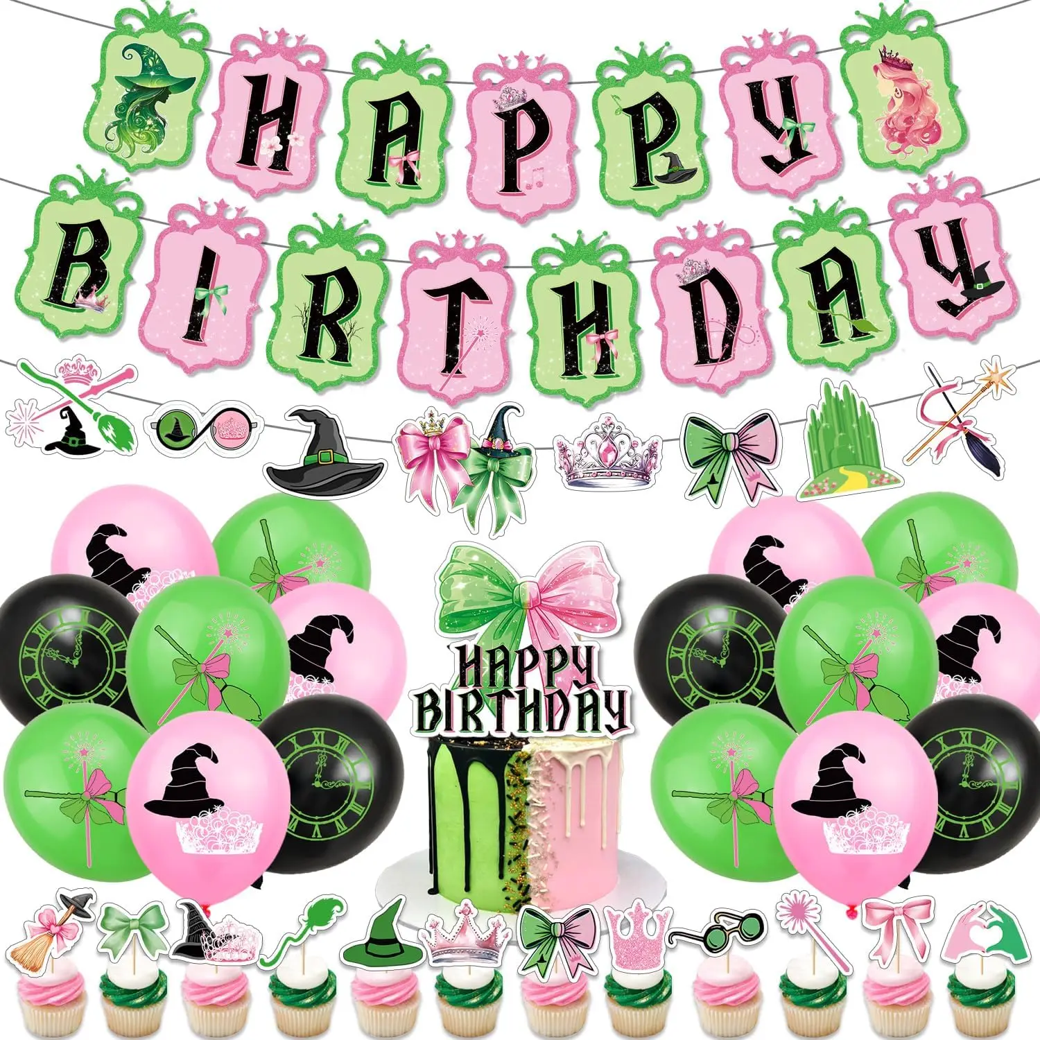 Geburtstagsdekorationen mit Hexenthema, alles Gute zum Geburtstag, Banner, Kuchendeckel, Luftballons für rosa und grüne magische Partydekoration