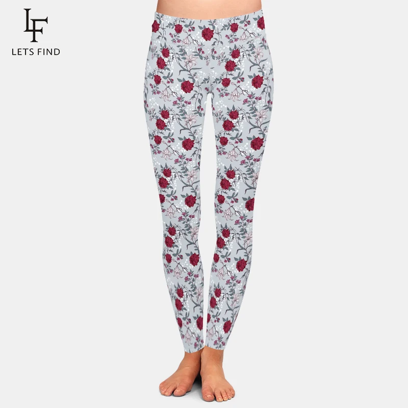 

LETSFIND 230gsm Milk Silk Women Fitness Pants Fashion 3D Roses and Lilies Pattern Print High Waist Sexy Slim Stretch Leggings