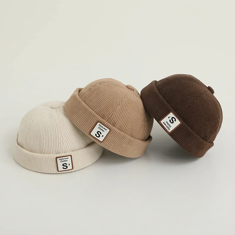 Korean Corduroy Letter Brimless Hat Autumn Winter Warm Toddler Docker Cap Solid Color Adjustable Kids Boy Girl Beanie Caps