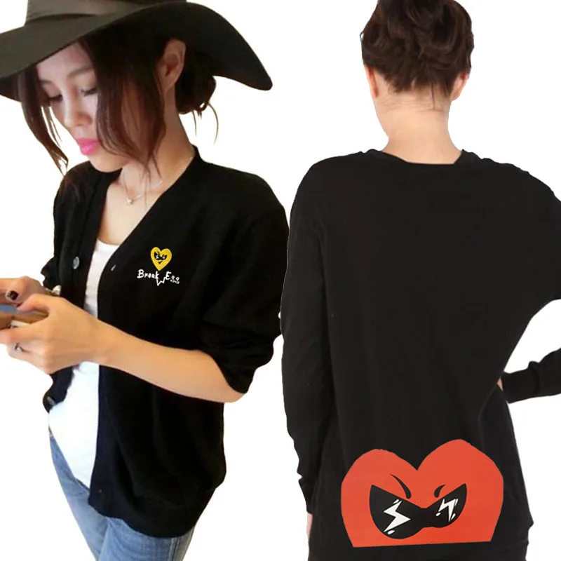

Break Egg Women V-Neck Cardigan Heart Glasses Embroidery Back Half Heart Print Autumn Cotton Single Breasted Fit Sweater