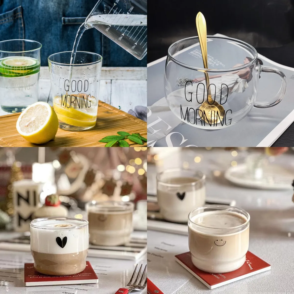 Transparent Creative Letter Printed Glass Coffee Tea Drinks Dessert  Breakfast Milk Cup Glass Mugs Handle Drinkware Coffee Cup