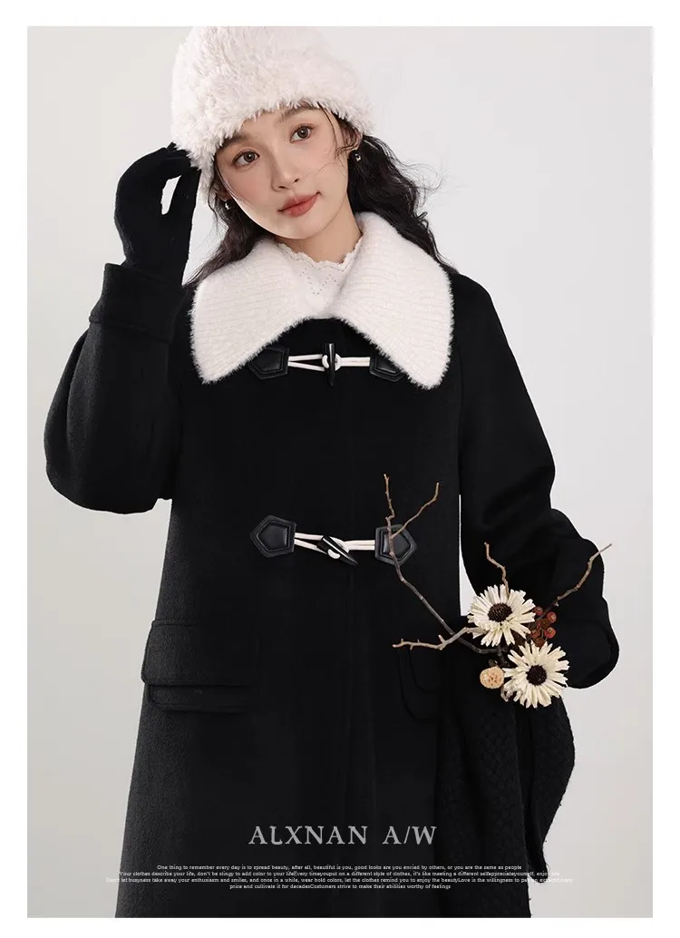 

Cow Horn Buckle Turn-Down Collar Pocket Simple Coat 2023 Autumn Winter Women Warm Coat Preppy Style Loose Thicken Woolen Coat