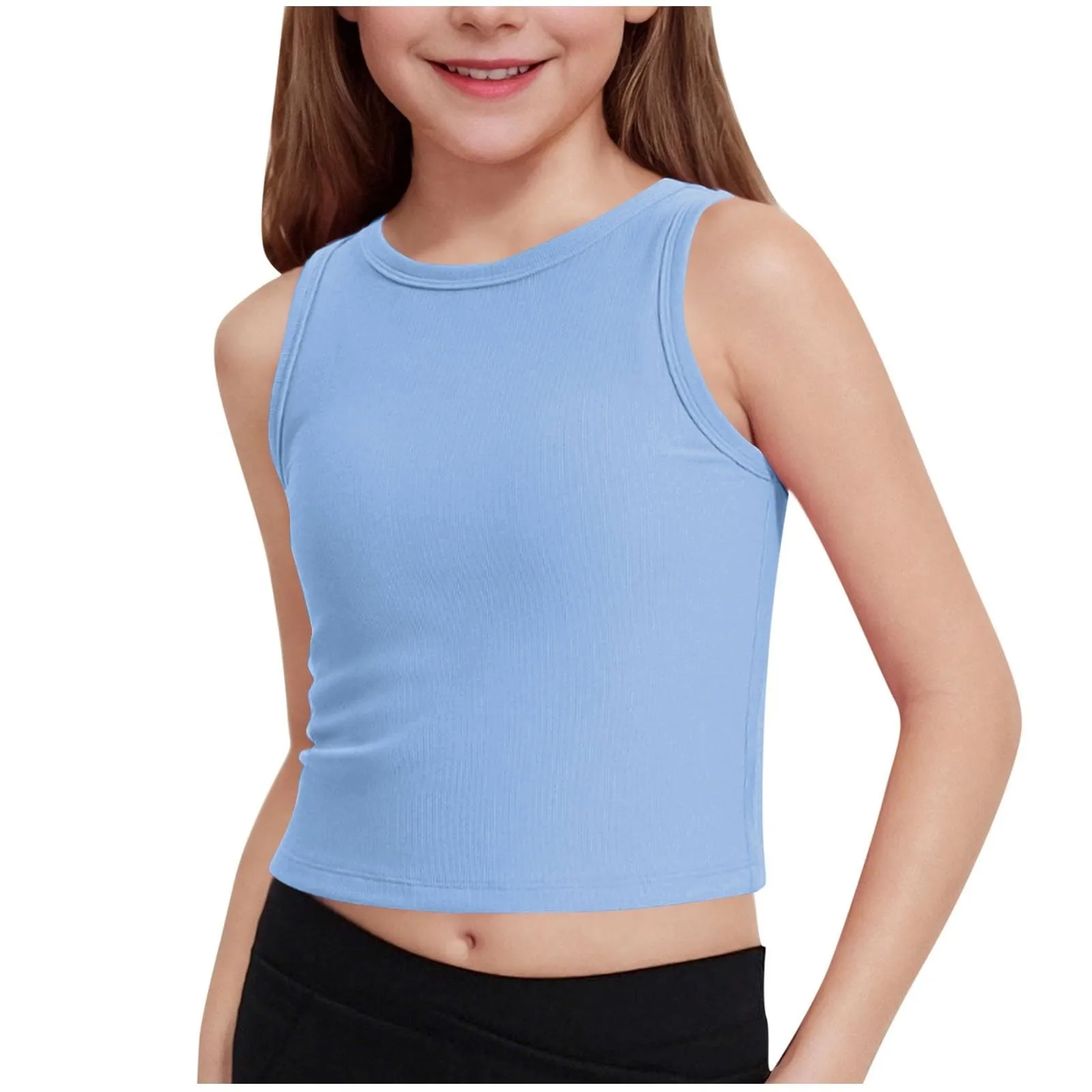 Girl Tank Tops Kids Athletic Fit Sleeveless Ribbed Knit High Neck Crop Top Elastic Bodysuit Gym Yoga Vest For Teenagers Girls - 3