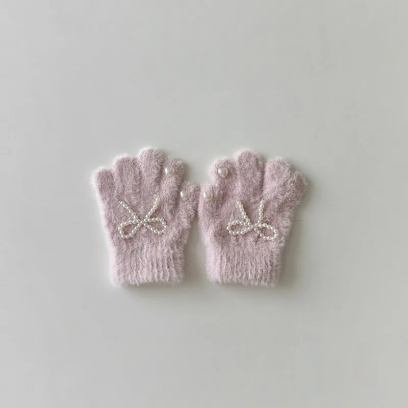 Children Gloves 3-8Years Autumn Winter Windproof Warm Knitted Plush Cartoon Pearl Bow Girls Love