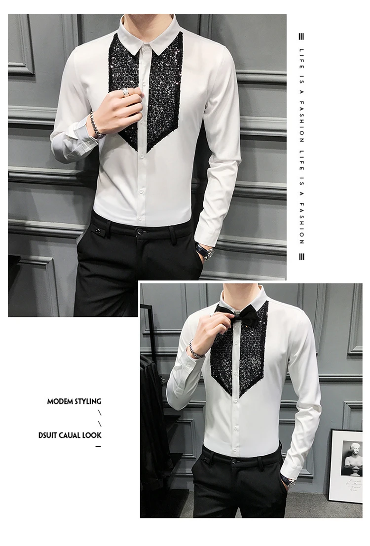 Description Picture 6 of itemMen Long Sleeve Sequins Tuxedo Shirts Camisa Masculina Black White Casual Slim Fit  Dress Shirts Streetwear Men Social Tops