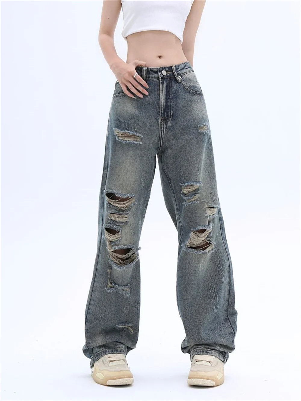 

Baggy Ripped Jeans Women Wide Leg Hip Hop Streetwear Y2k Style Denim Pants Autumn Street Fashion Loose Destroy Winter Trousers