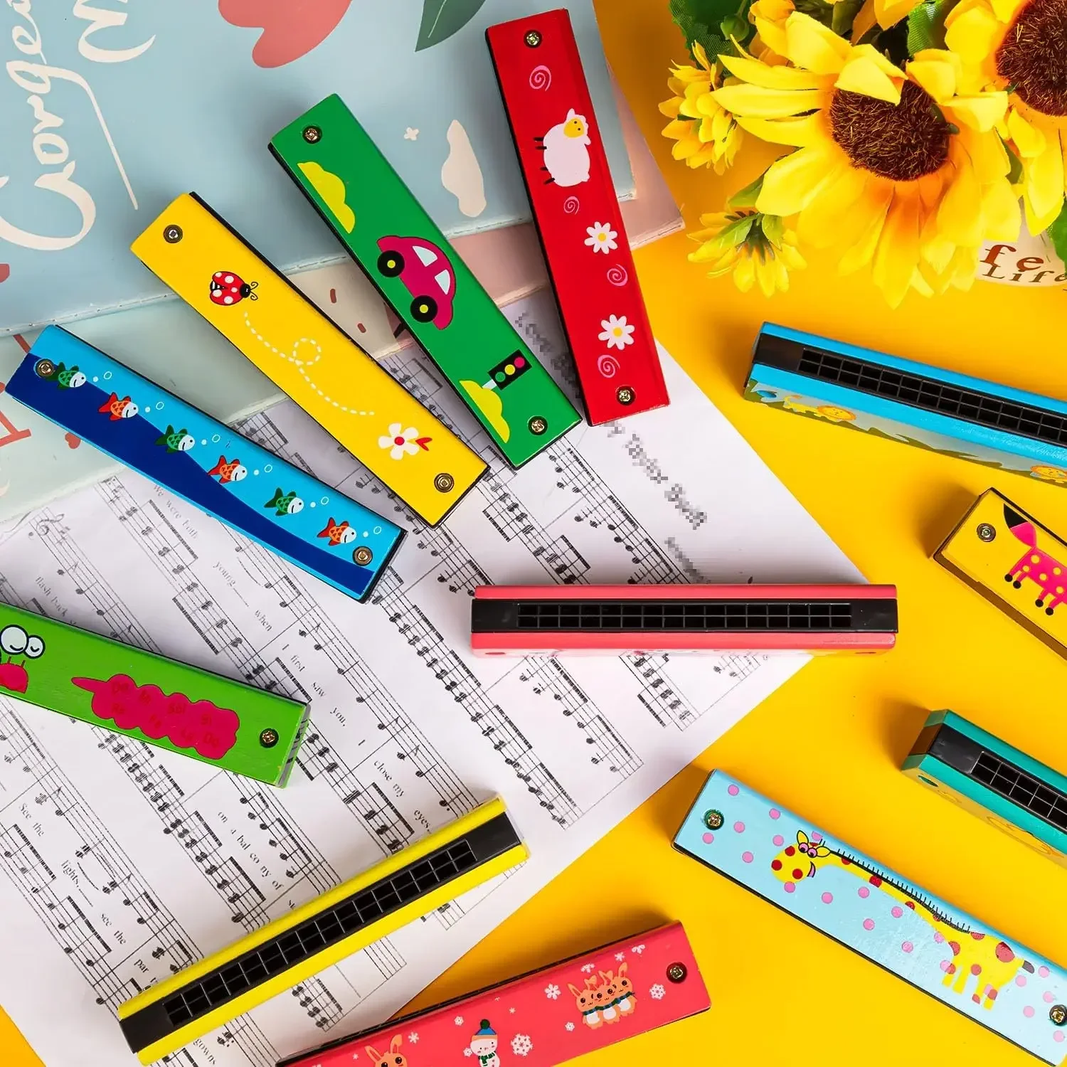 Wooden Harmonica Toy 16 Holes Cartoon Musical Instrument Play Toy Gift Kids Birthday Toddler Party Favor Children Goodie Bag cartoon toy