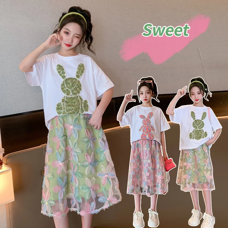 

Summer Girls Clothes Outfits Children Fashion Sets Cartoon Short Sleeve T-shirts + Skirt Kids Sweet Suit 3 4 5 6 7 8 9 10 11 12Y