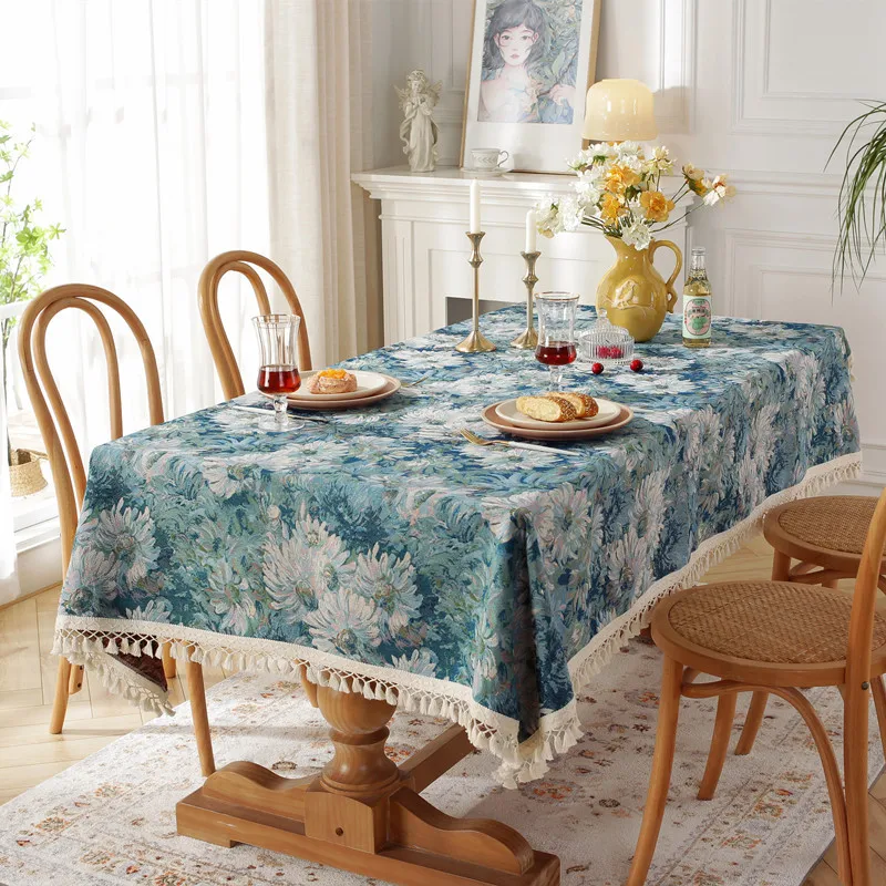 

Polyester Cotton Yarn-dyed Jacquard Oil Painting Flowers Tablecloth Black Vintage Daisy Table Cloth Cover with Tassel