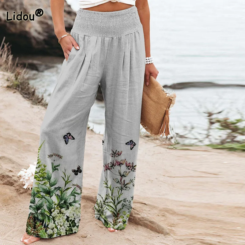 

Fashion Printing Pockets Straight Trousers Spring Street Casual Summer Elastic High Waist Loose Wide Leg Pants Women's Clothing