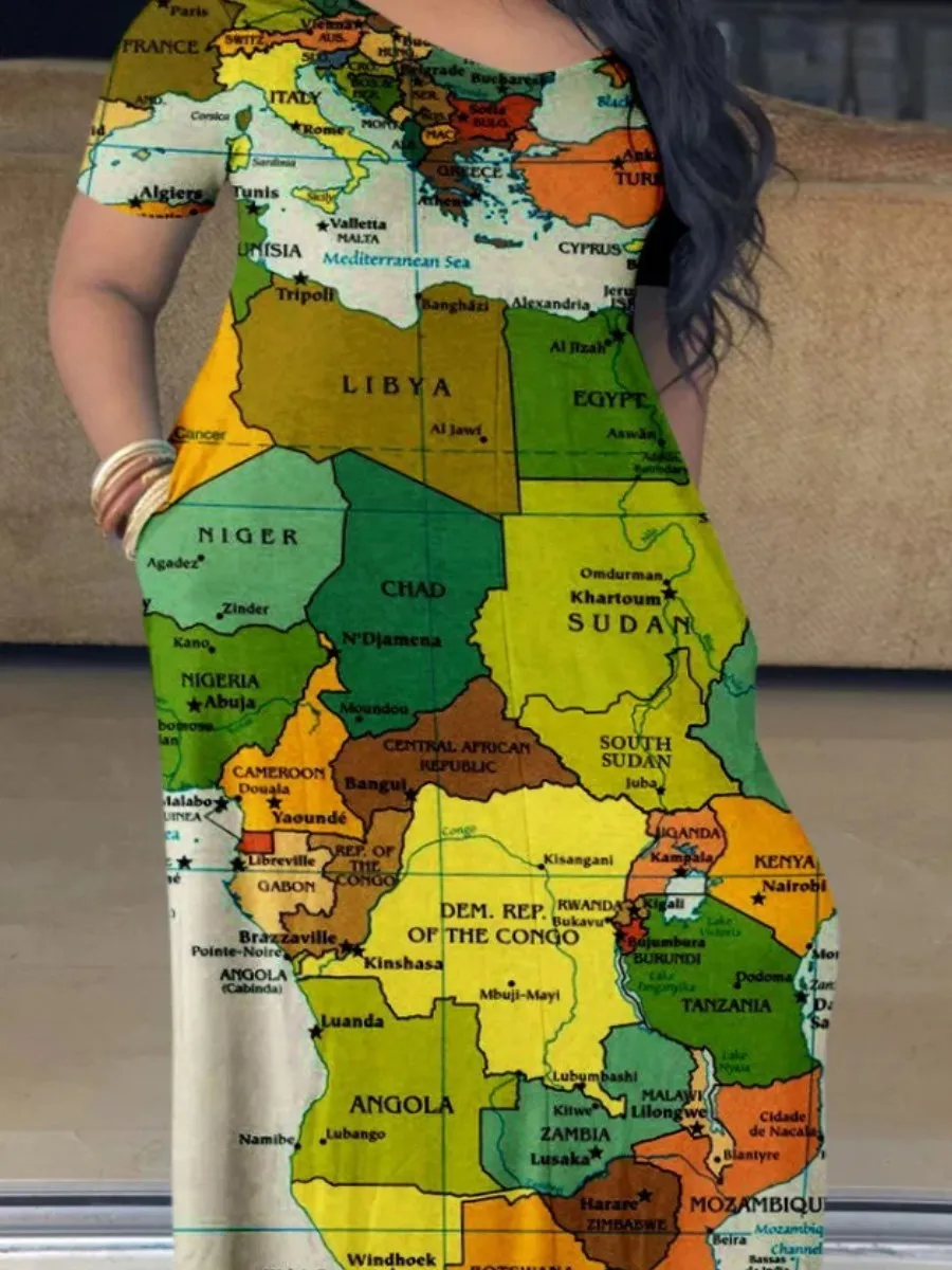 LW Plus Size World Map Letter Print Patchwork Dress U Neck Casual Colorblock Summer Vestidos Women Clothings Maxi Dress