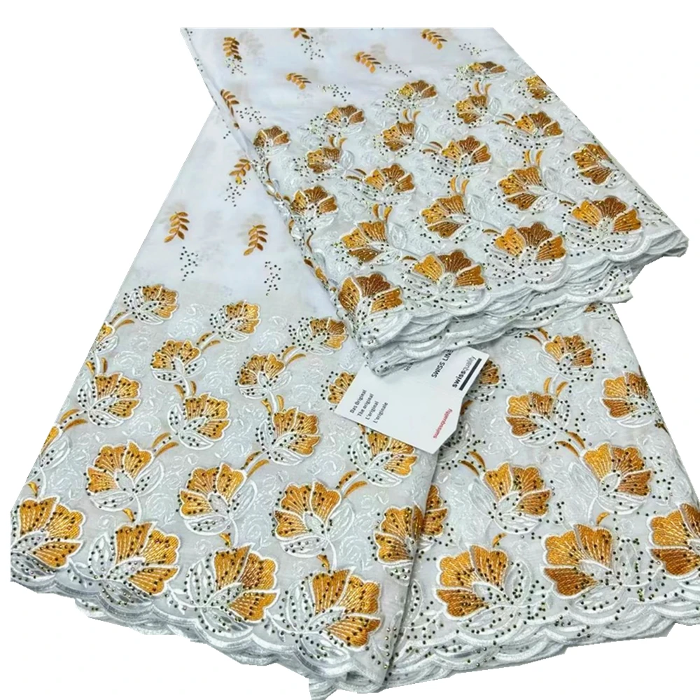 

Latest White & Gold High Quality Cotton Swiss Voile Lace Pretty Flowers Embroidery Dry Lace For DIY Dress 5 Yards/Lot