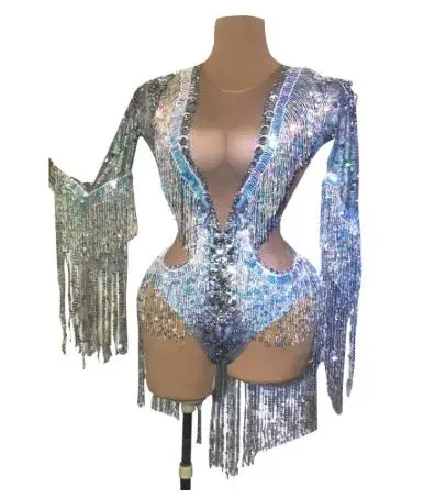 

Stretch Long Sleeve Leotard Nightclub DJ Singer DS Costume Sparkly Rhinestones Sequin Tassels Bodysuit Party Show Stage Outfits