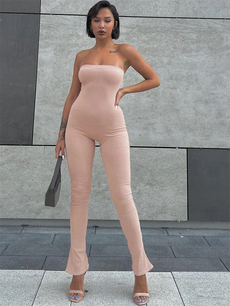 

Женский комбинезон в рубчик KLALIEN, однотонный Облегающий комбинезон без рукавов и с открытой спиной, уличная одежда, комбинезоны с расклешенными брюками с разрезом, на осень