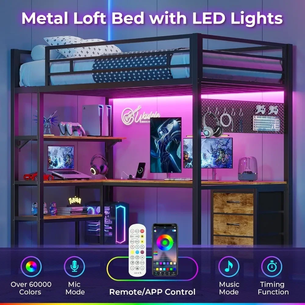 Loft Bed Twin Size with L-Shaped Desk, LED Lights,Charging Station,Twin Metal Loft Bed with Desk, Fabric Drawers & Shelves 3