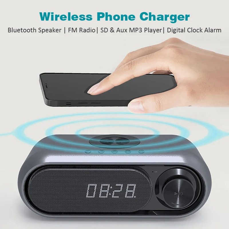 

Беспроводное зарядное устройство для iPhone xiaomi 12 pro samsung realme, портативное USB-зарядное устройство для мобильных телефонов, сотовых телефонов, быстрая зарядка с Bluetooth-динамиком, FM-радио, часами