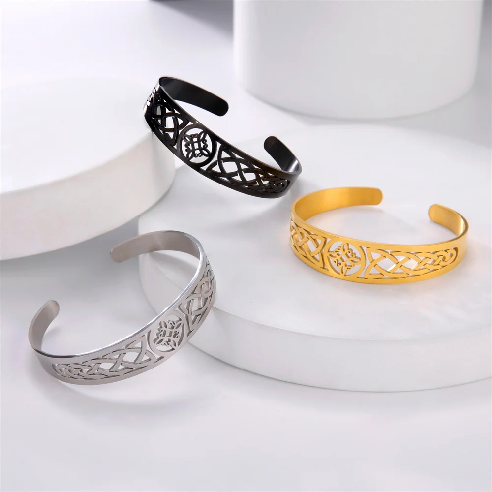 TEAMER Celtic Knot Bracelet - Stainless Steel Silver Cuff Bangle, Triskele Design, Adjustable
