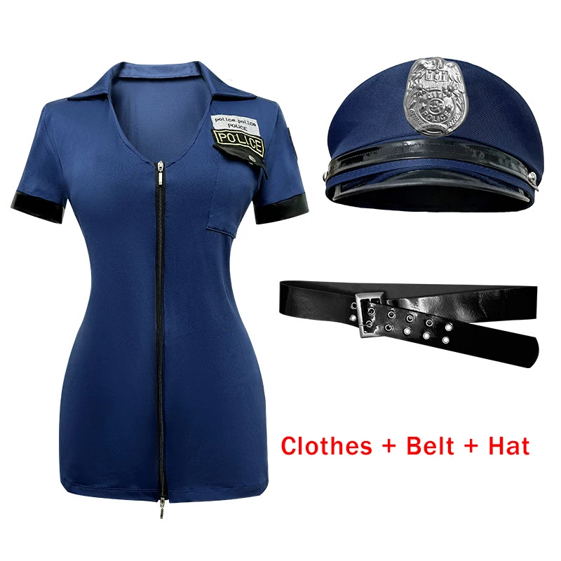 Halloween Woman Police Costume Officer Cosplay Uniform Suit Adult Sexy Clothes Jumpsuit with Belt and Hat 3Pcs Christmas Outfits