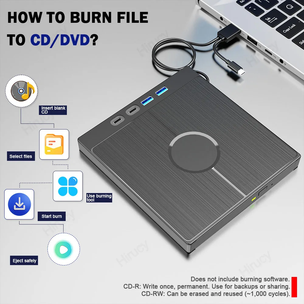 7-in-1 USB 3.0 Type C External CD DVD RW Optical Drive DVD Player Burner Reader Multi-Function Drive For Windows Mac PC Laptop Dvd Drive Dvd Writer External Optical Drive