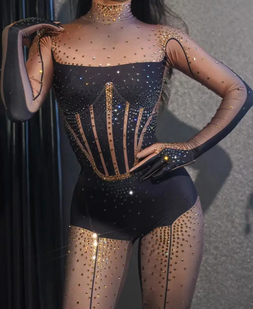 

Black Female Singer High Altitude Hanging Ring Water Diamond Elastic Jumpsuit Pants Free Diving Stage Performance Clothing