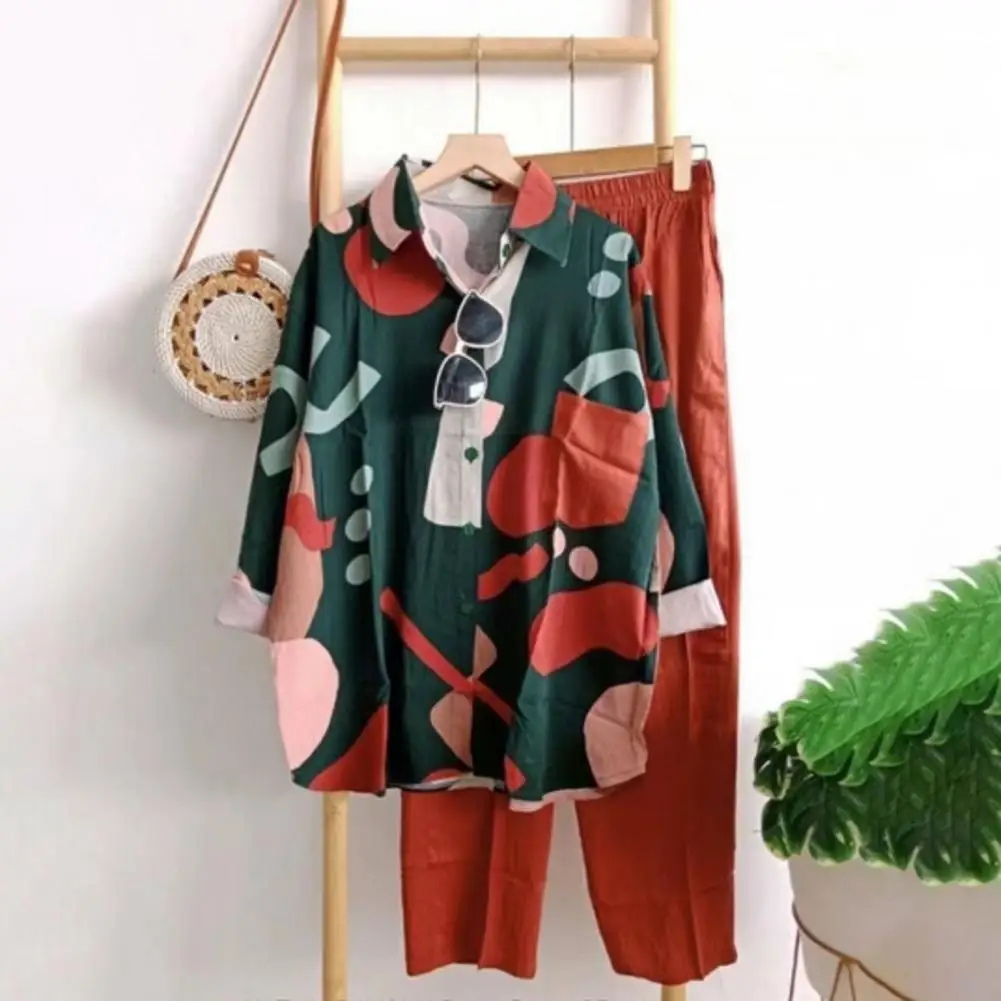 

2 Pcs/Set Trendy Blouse Pants Suit Long Sleeves Turn-down Collar Deep Crotch Summer Vacation Blouse Pants Suit Match Shoes
