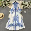 Elegant Blue And White Porcelain Flower Print Dresses Women Stand Collar Lantern Long Sleeve Belt Vintage Single Breasted Robe