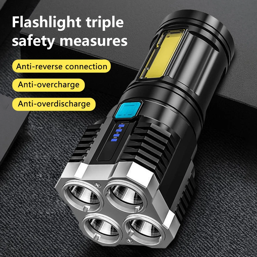 LED Flashlights High Power Camping Spotlight With 4 Lamp Beads And COB Side Light Rechargeable Portable Hand Lantern Outdoor