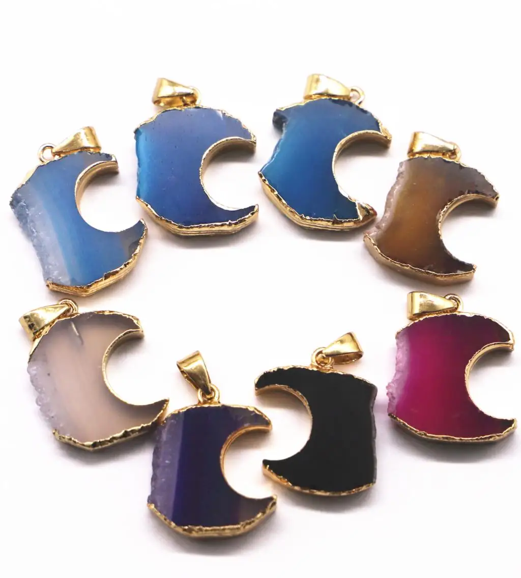 Natural Stone Druzys Agates Moon Necklace Pendants Charms Healing Crystals Irregular for DIY Jewelry Making Size 25-20mm 6PCS