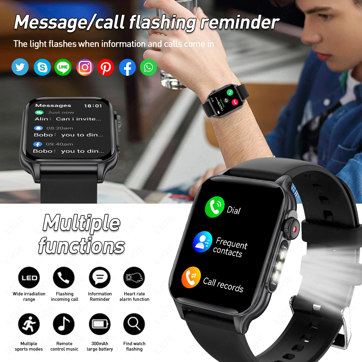 LIGE 2025 New For Huawei Xiaomi 1.96" HD Bluetooth Call Flashlight Smart Watch Men Sports Waterproof Smartwatch For Android IOS