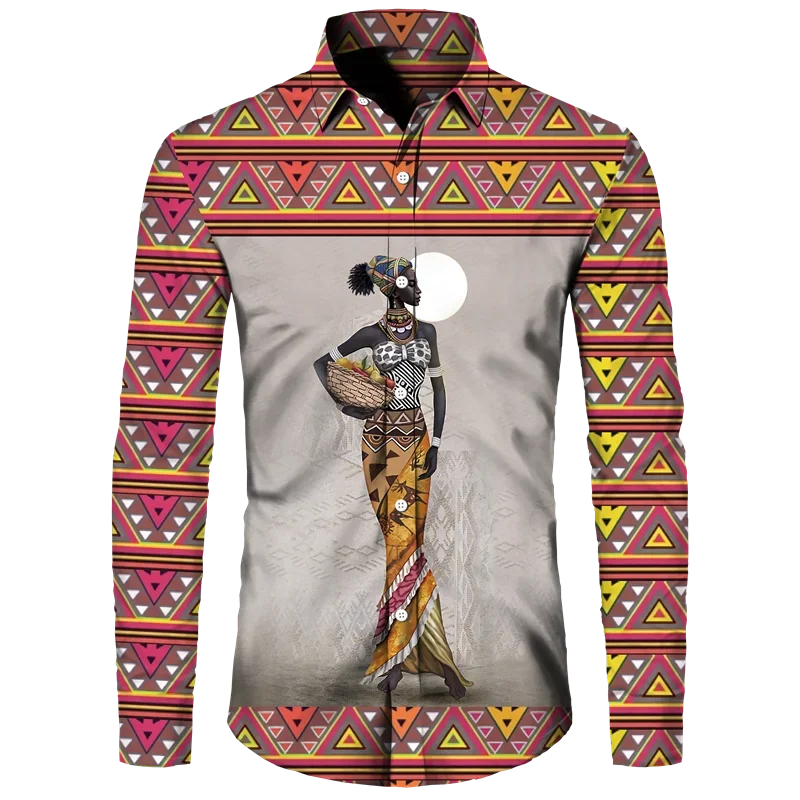thumbnail image 1 of Camisas de manga larga con botones y estampado 3D de estilo étnico africano para hombres y mujeres, camisetas Dashiki folclóricas personalizadas, ropa vintage para parejas, 1 of 5