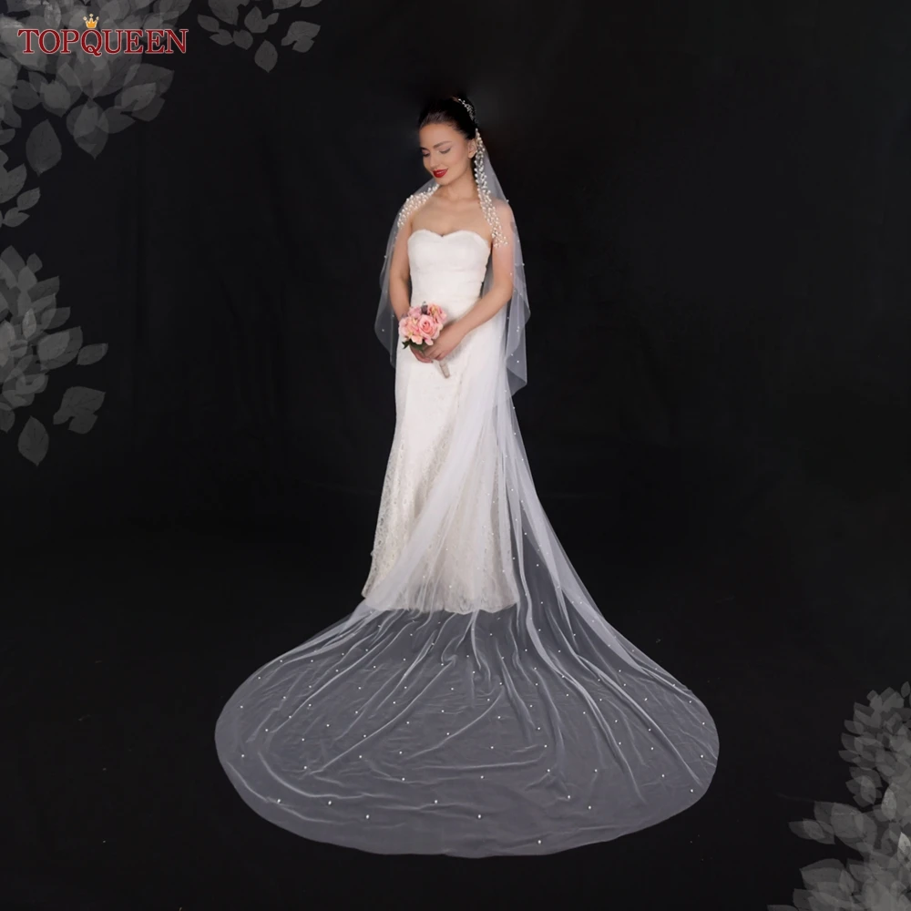 Top queen hübsche Braut Hochzeit Schleier schiere Tüll Perle Stirnband 3m lange Kathedrale Schleier Hochzeit Zubehör v207 – Detail 1