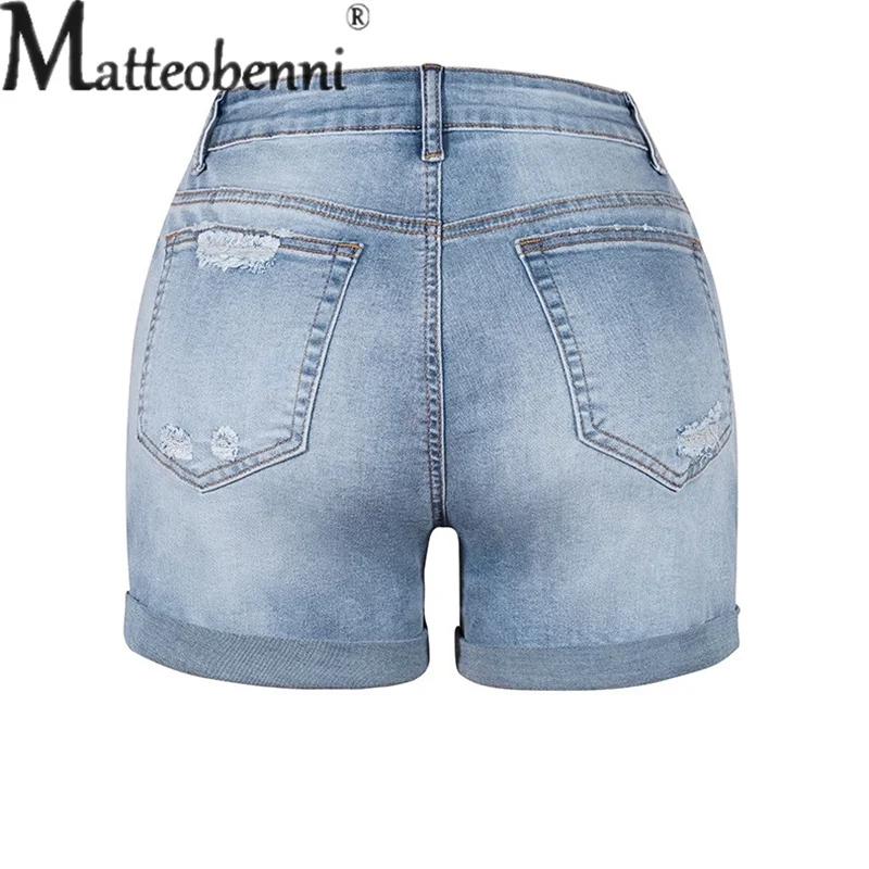 Fashion Mid Waist Button Splicing Broken Holes Denim Shorts Women Casual Stretch Three Quarter Pants Female Straight Mini Jeans