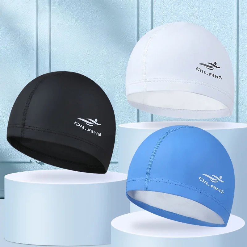 Swimming Caps Women Men Universal Long Hair Ear Protection Swim Caps PU Waterproof Letter Printed Swimming Cap Pool Accessories 3