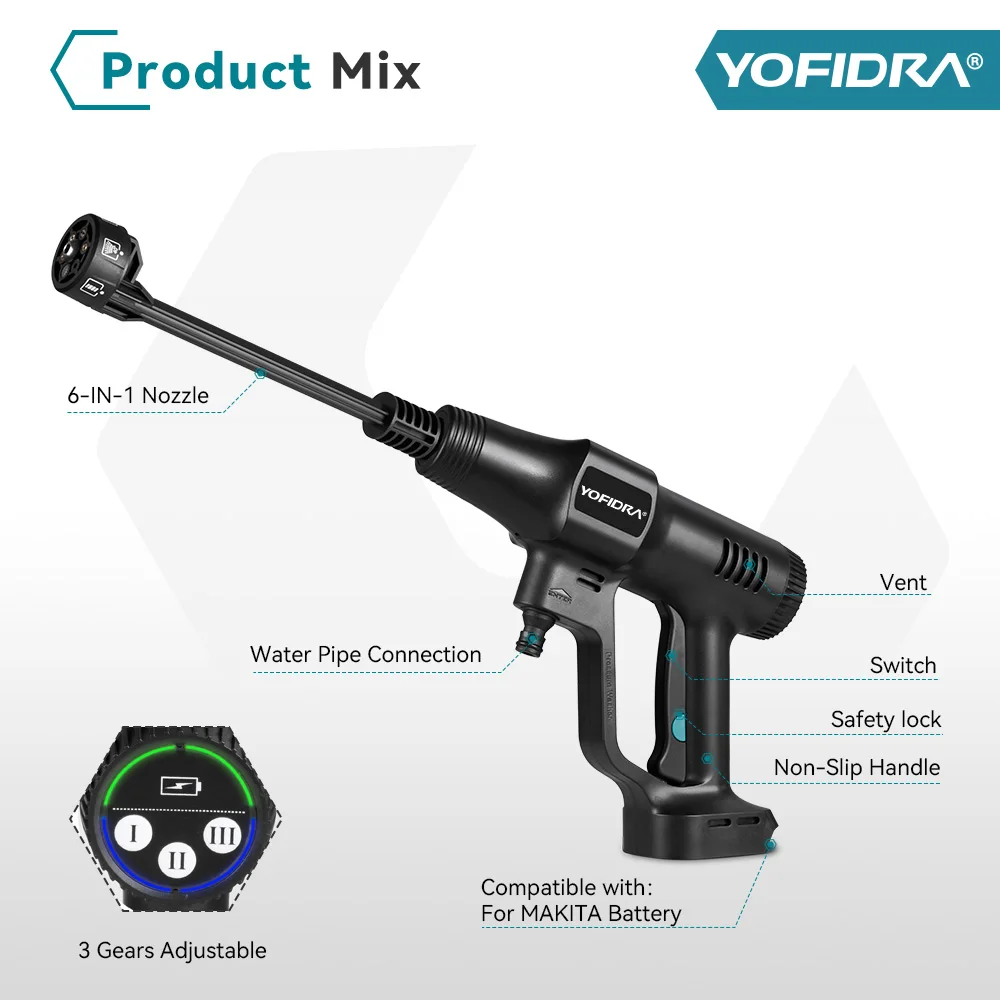 Yofidra 200Bar Brushless High Pressure Car Washer Water Gun 6 IN 1 Cleaning Garden Washing Wash Spray Gun for Makita 18V Battery 6