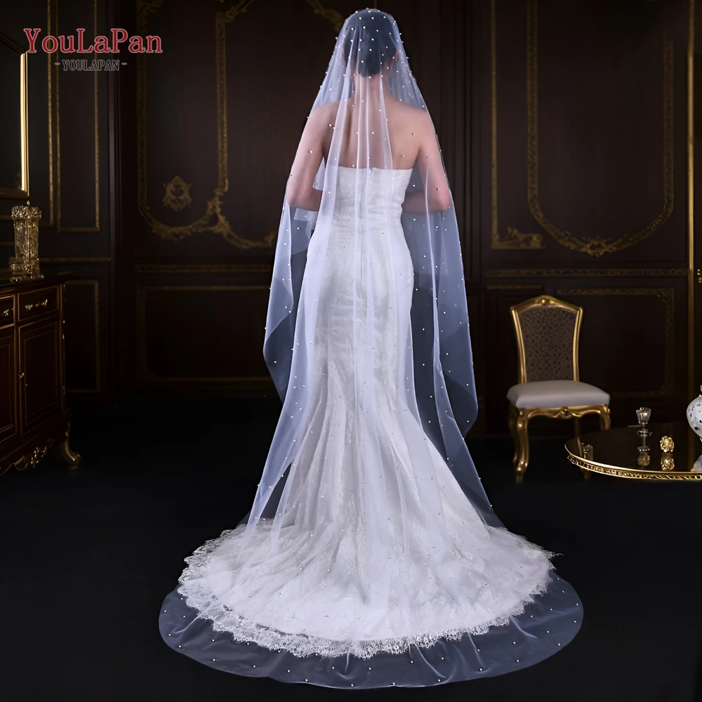 YouLaPan V05 Bridal Veil with Comb Ivory White Wedding Veil Pearls Veil 1  Tier Wedding Veil for Women Cathedral Bridal Veil