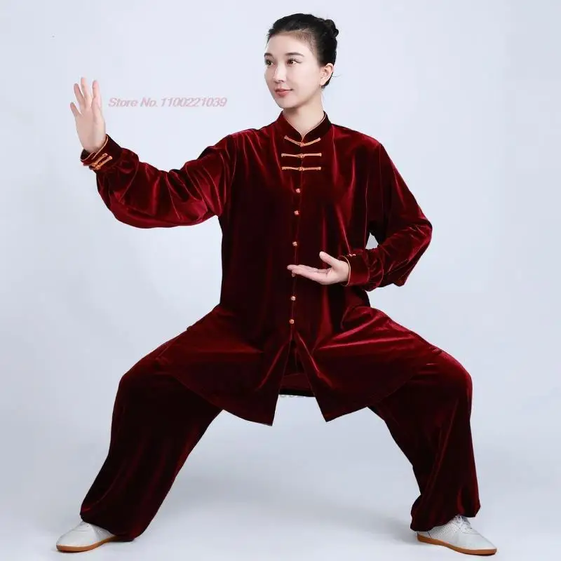 

2024 chinese kung fu tai chi martial arts clothing traditional taijiquan practice stage wushu velvet thicken tops+pants set