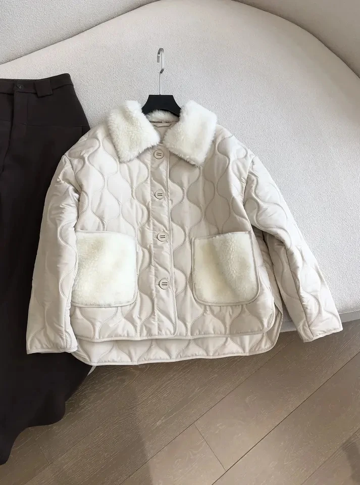 

2024 new women's fashion high quality long-sleeved lapel collar wool collar cotton clothes