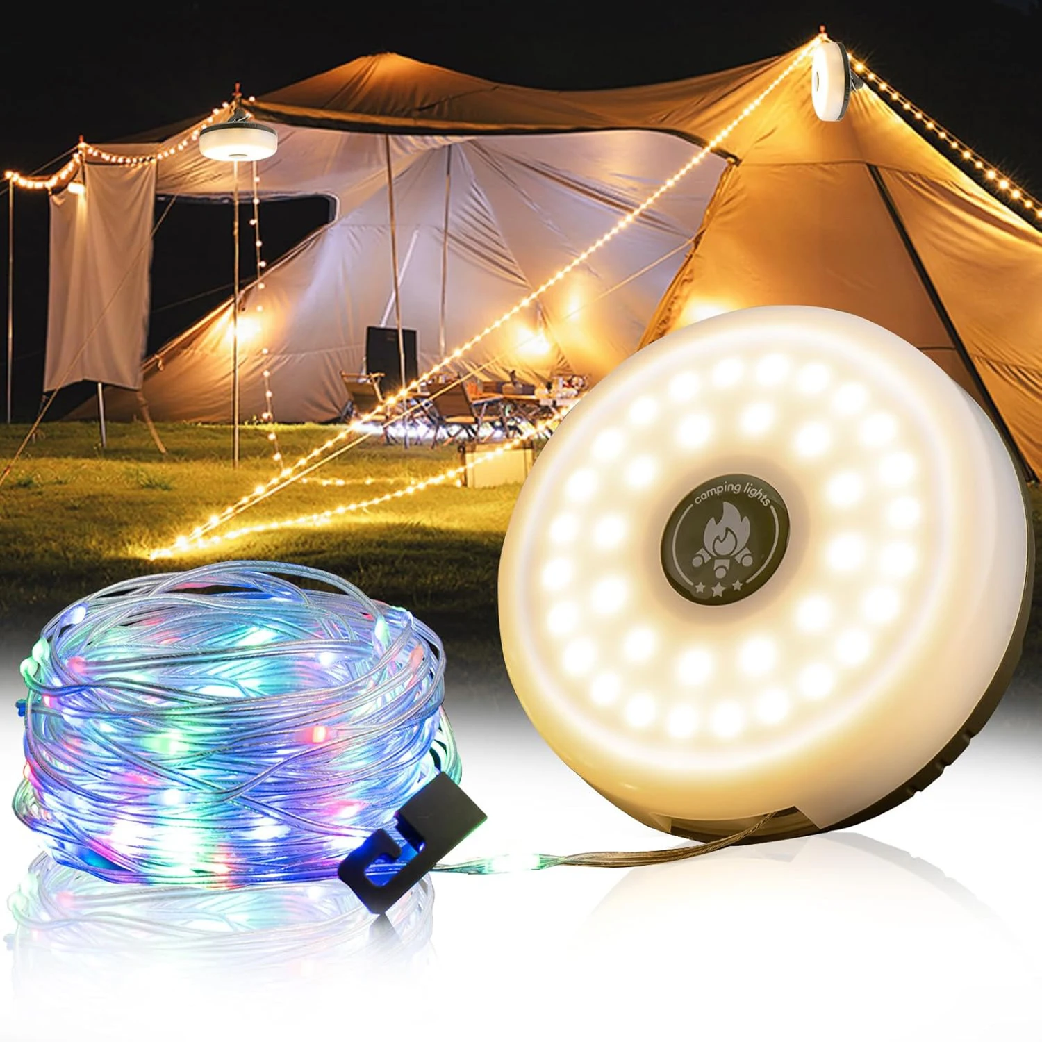 Camping String Lights, 4 in 1 Outdoor Camping Lantern Waterproof, Type-C Fast Charging, Portable Lights for Camping/Yard