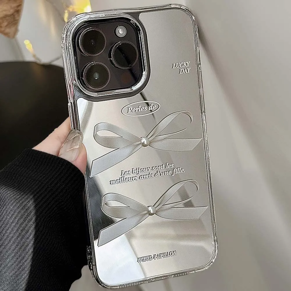 Mirror Pink Bow Shell Per Iphone 14 11 12 Promax 13 15 Pro Max Plus Cartoon Pearl 3D Lucky Phone Case Conque