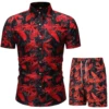 Floral Leaf Printed 2PCS Shirts Suits Men Fashion Shirts+Shorts 3D Two Piece Sets Hawaii Shirts Beach Shirt Sets Boy Beach Sets 4