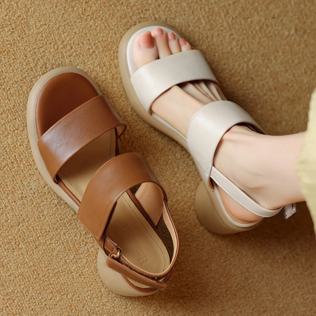 Women's genuine leather slingback slip-on hook&loop chunky heel platform sandals open toe female OL style casual sandals shoes