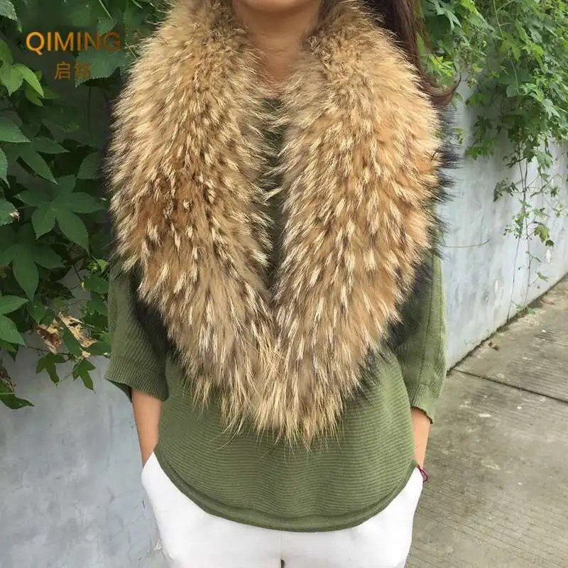 Real Fur Collar Furry Raccoon Fur Scarf Ring Winter Neck Warmer Women Men Jackets Hood Shawl Wraps Fluffy Warm Long Scarf fur scarf