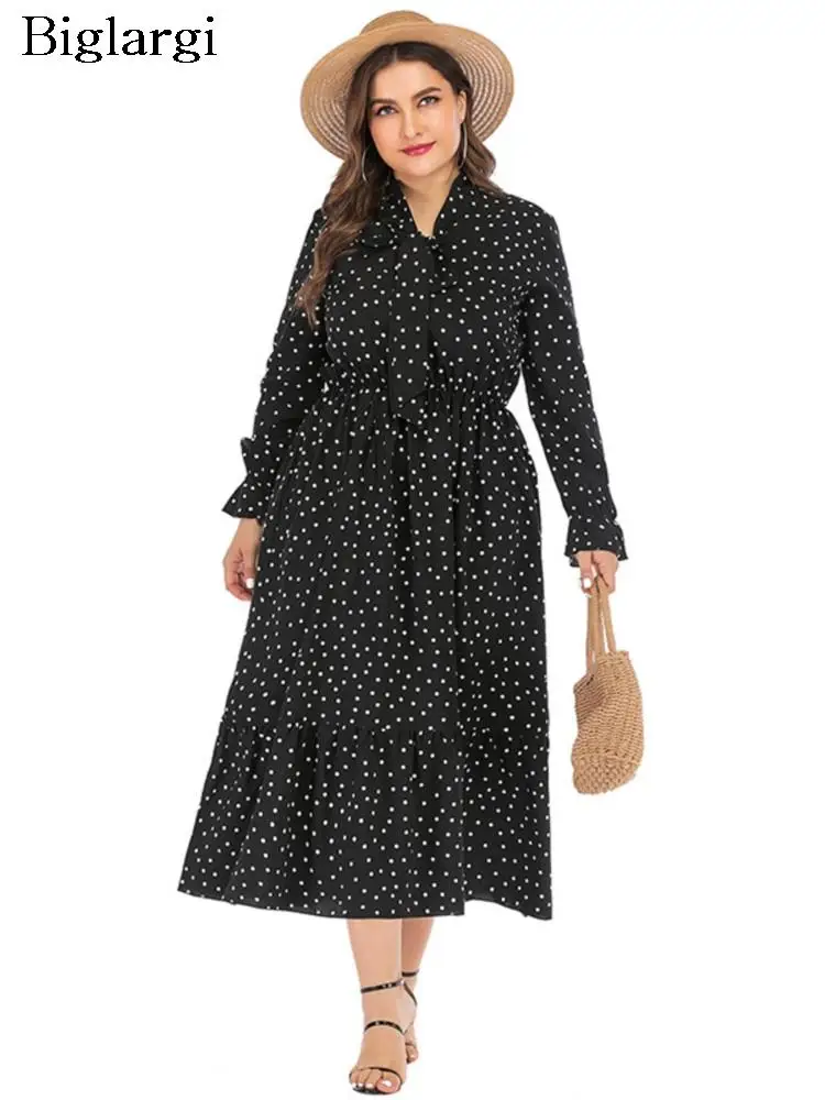 

Plus Size Autumn Polka Dot Print Long Dress Women Bohemian Style Modis Ruffle Pleated Ladies Dresses V-Neck Bow Woman Dress 2023