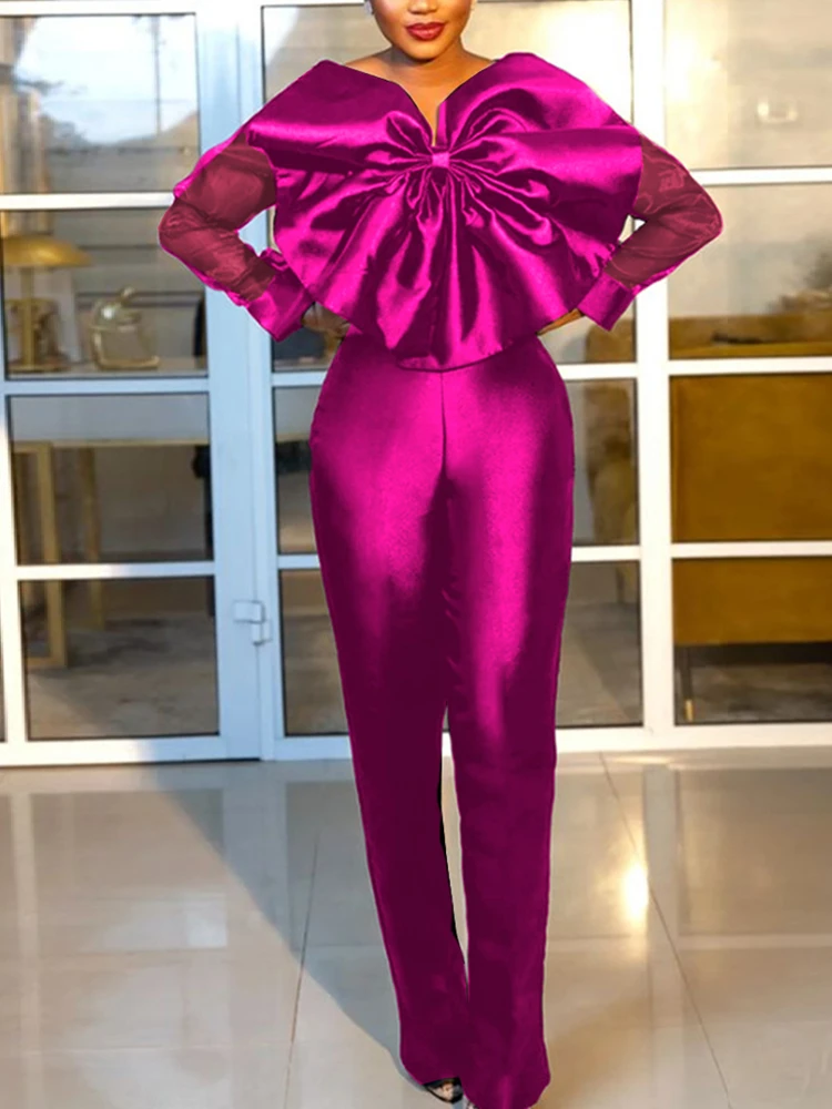 

Women Jumpsuit Rose Shiny Party Evening Organza Long Sleeve Big Bow High Waist One Piece Outfits Rompers 2023 Fall New Summer
