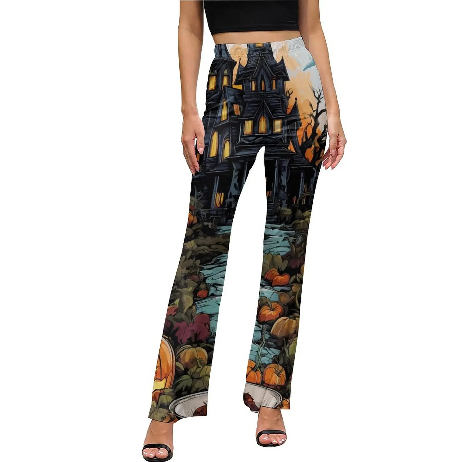 

Vegan Haunted Mansion Casual Pants Autumn Spooky Halloween Night Club Pattern Flared Trousers Slim Stretch Street Wear Pants