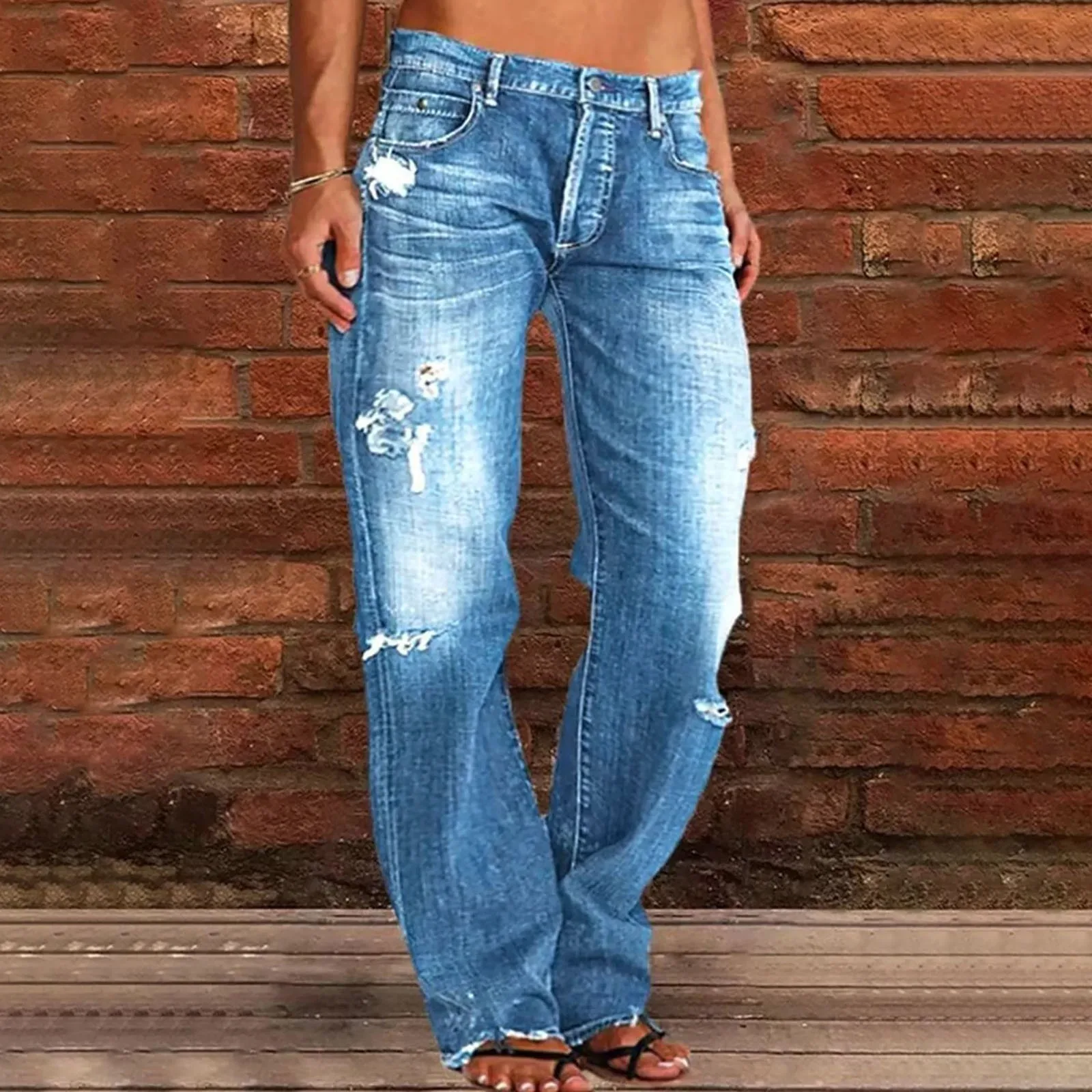 Джинсы-карго женские прямые с завышенной талией, рваные брюки с заниженной талией, Стрейчевые джинсы с завышенной талией